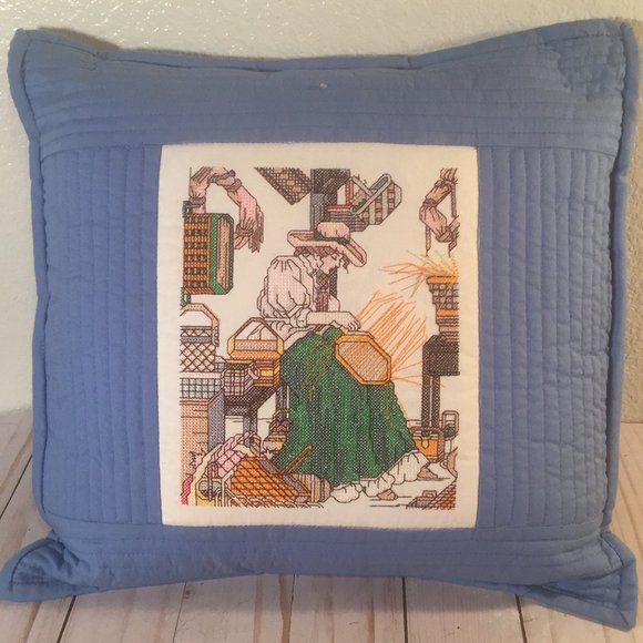 Hand Crafted Other - Vintage Cross stitch quilted blue Weaving pillow